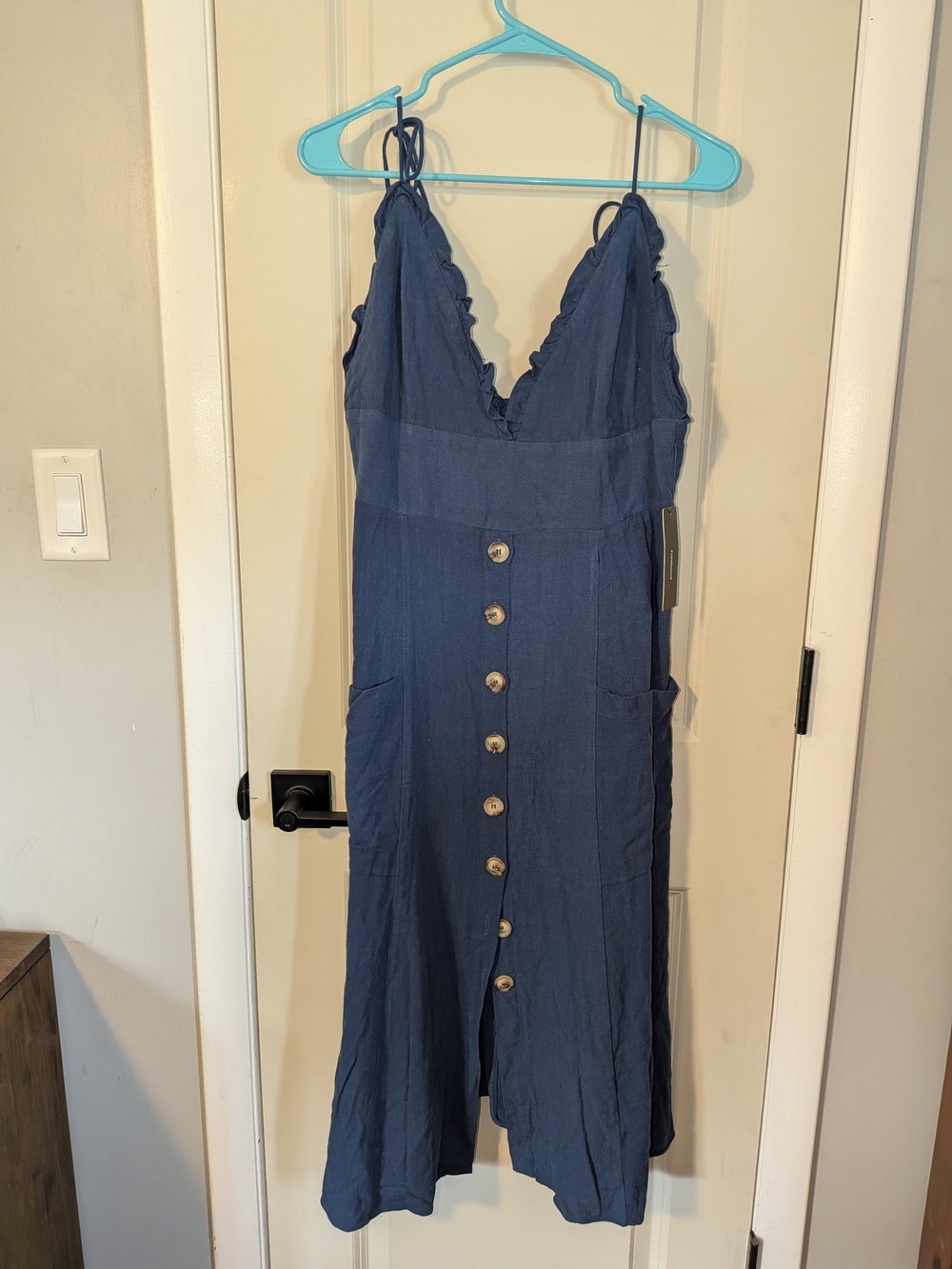 Lulu's Navy Ruffle V-Neck Button-Front Midi Dress